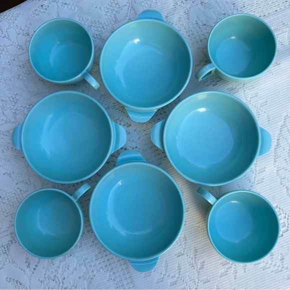 Vintage Aqua Melmac/Melamine Teacups & Small Bowls , Retro Dishes,  Set of 4 - Picture 6 of 6